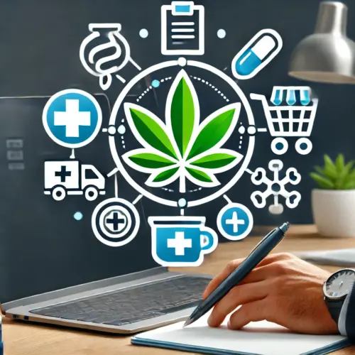 logo for Distribuidores y Comercializadores focusing on Distribuidores Mayoristas, Farmacias y Dispensarios, and E-commerce in the medicinal cannabis sector. The logo will reflect the distribution and commercial aspects, with elements that represent wholesale distribution, retail pharmacies, and online sales.