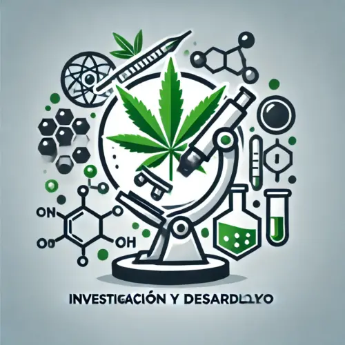 logo for Investigación y Desarrollo, highlighting the focus on research centers and pharmaceutical development related to medicinal cannabis. The design reflects the innovative and scientific nature of your work.